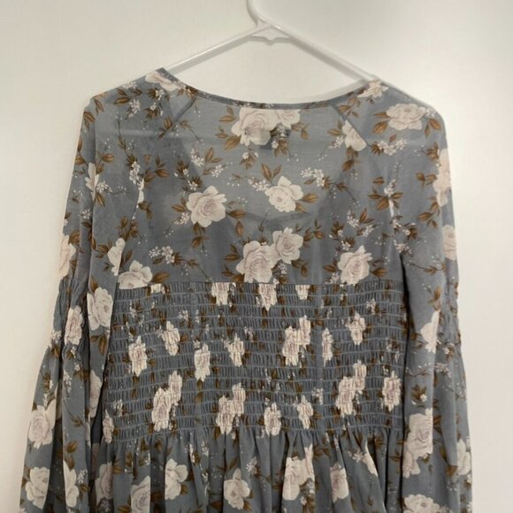 AMERICAN EAGLE Smocked Floral Blouse Blue Cream Ivory Long Sleeve Boho Peplum XS - Picture 14 of 15